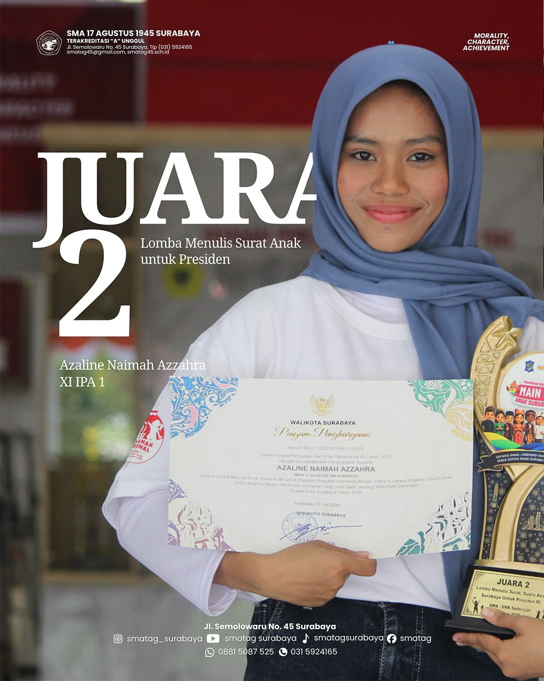 Azaline Naimah Azzahra Raih Juara 2 Lomba Menulis Surat Anak untuk Presiden Tingkat Kota Surabaya