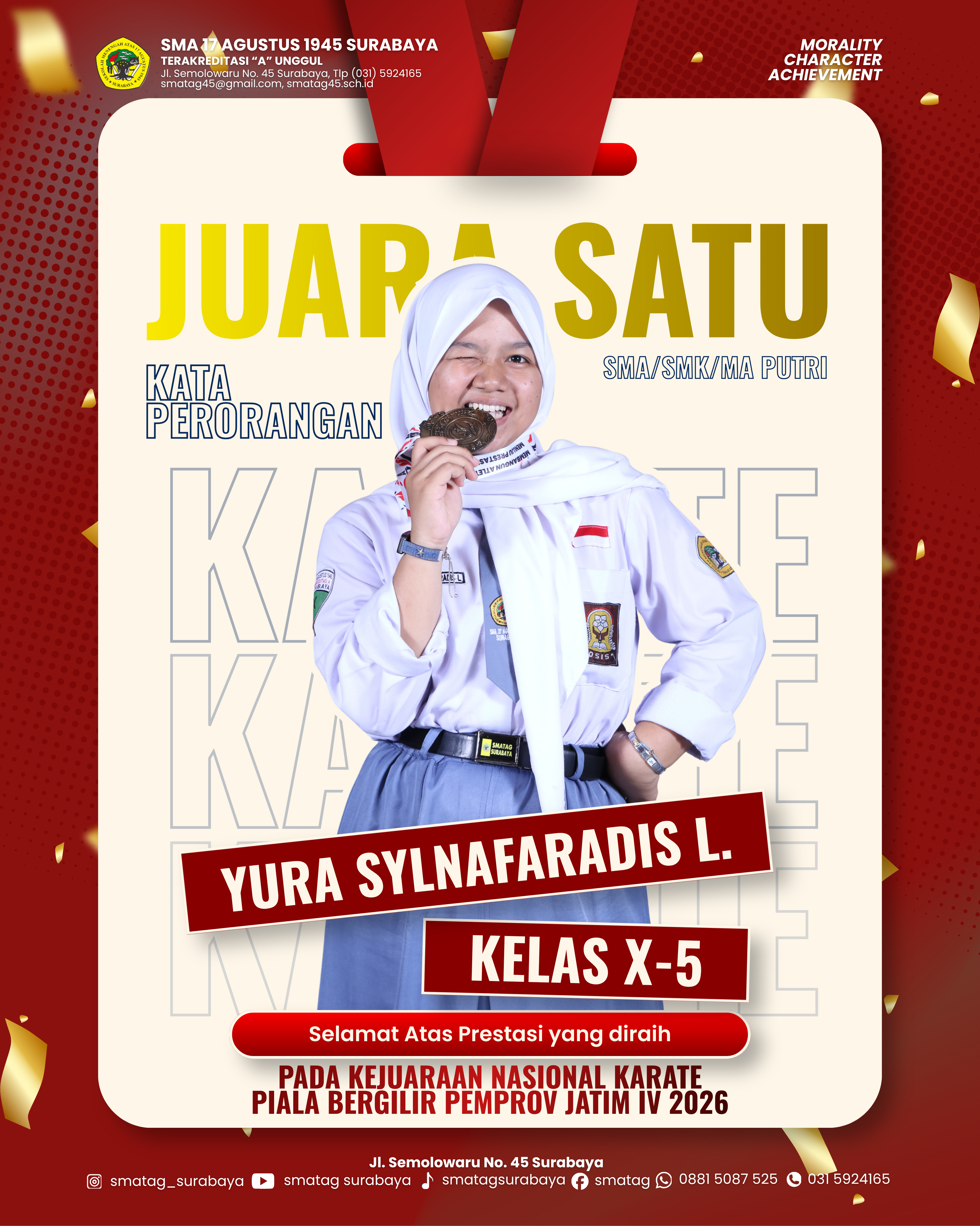 Yura Sylnafaradis Laylatulqodiriah Raih Medali Emas Karate di Kejuaraan Nasional Piala Bergilir Pemprov Jatim IV 2026