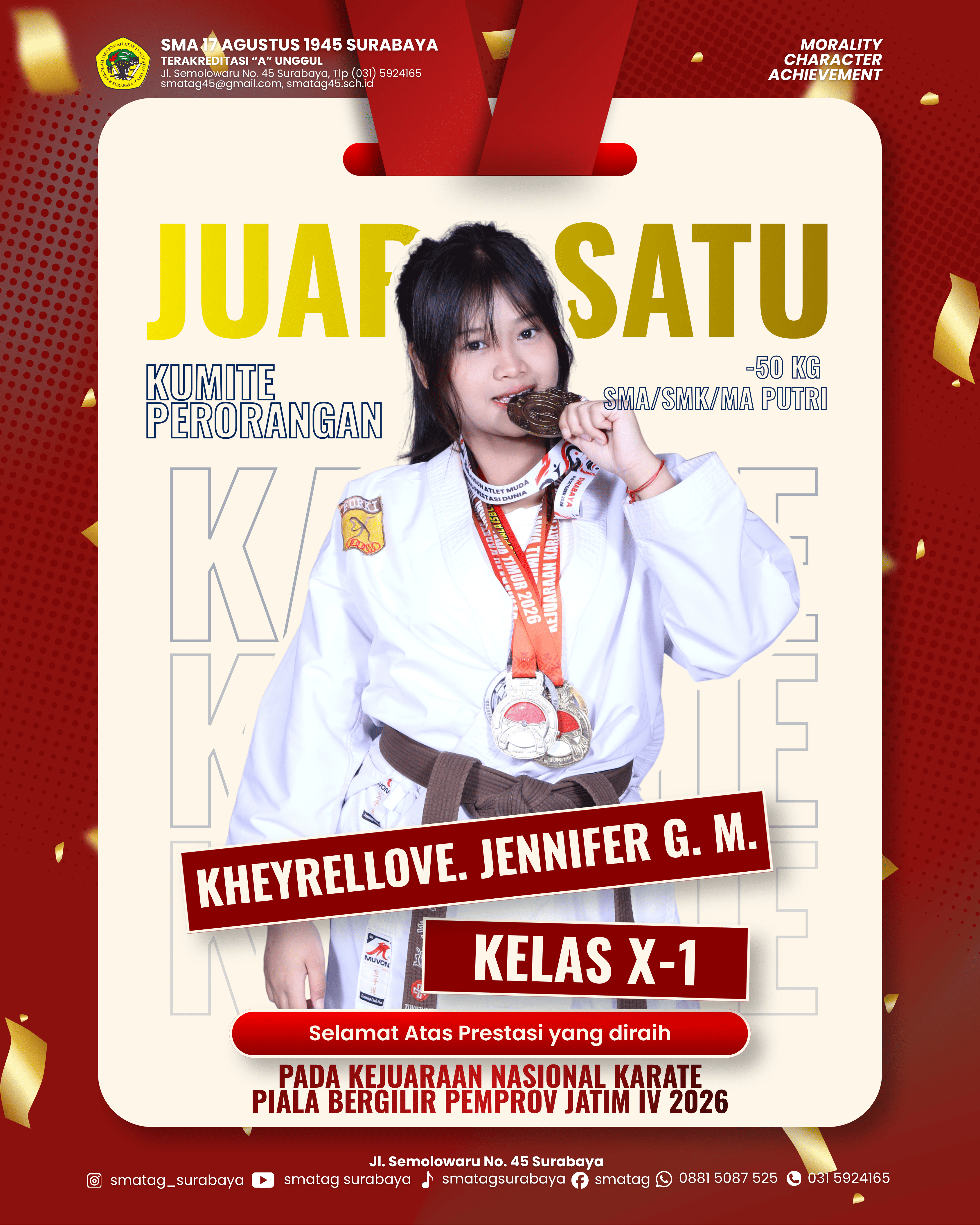 Jenifer, Siswa SMA 17 Agustus 1945 Surabaya, Raih Juara 1 Kejuaraan Nasional Karate Piala Bergilir Pemprov Jatim IV 2026